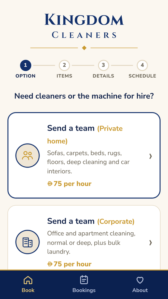 Kingdom Cleaners app showing the three booking options