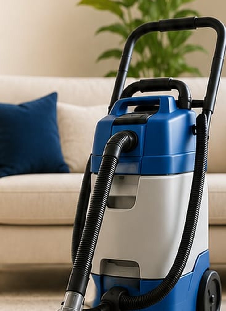 Carpet extractor cleaning a cream carpet beside a sofa